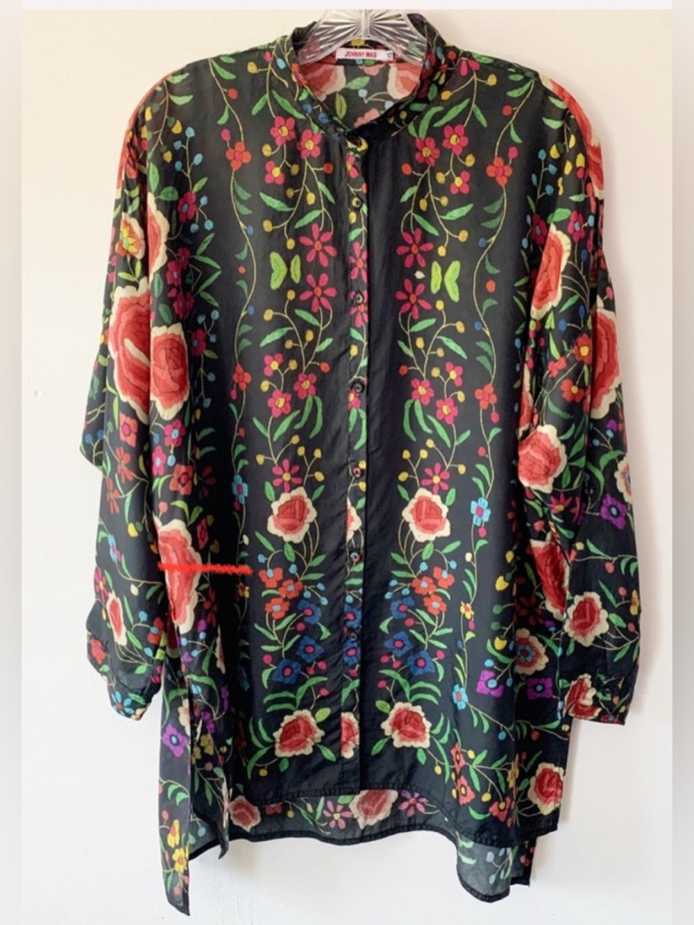 Johnny Was 100% Silk Embroidered Floral Blouse Tunic Boho XS Oversized